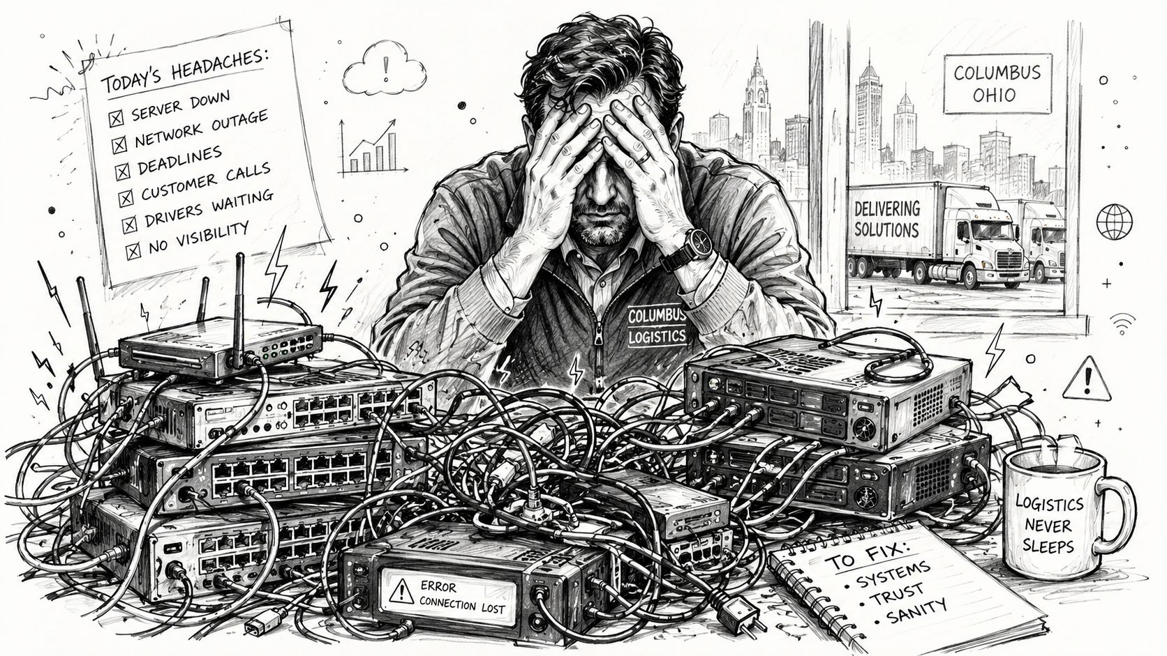 A stressed logistics manager at a desk in Columbus, Ohio, overwhelmed by technical IT network failures.