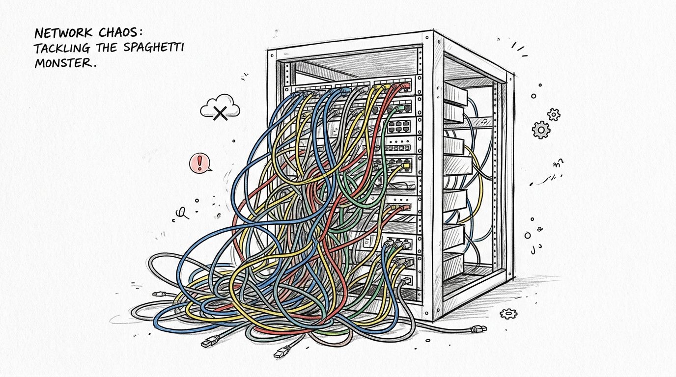 A hand-drawn illustration depicting a server rack with disorganized, tangled colorful cables representing network chaos.