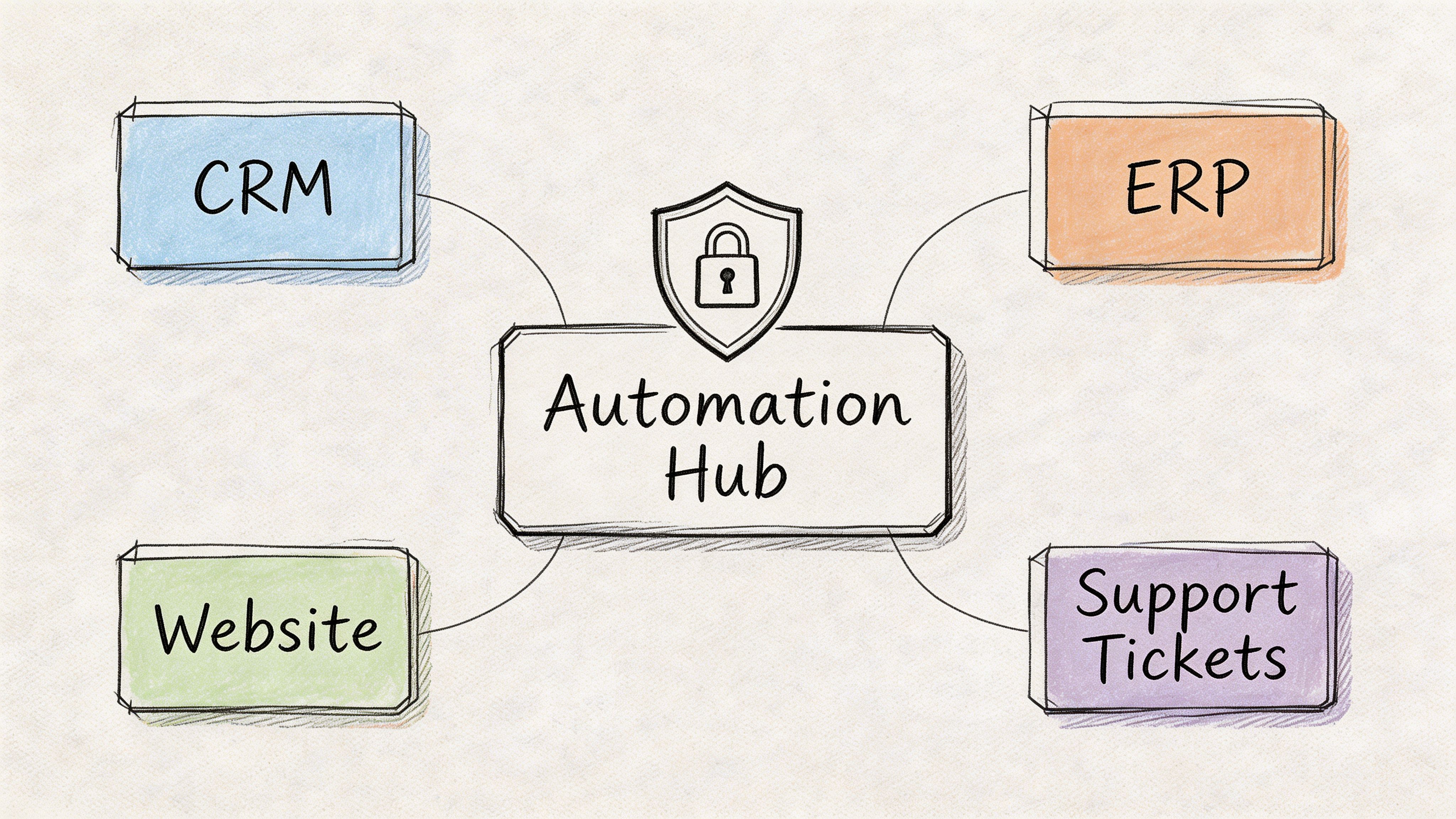 A diagram depicting an Automation Hub connected to CRM, ERP, Website, and Support Tickets systems.