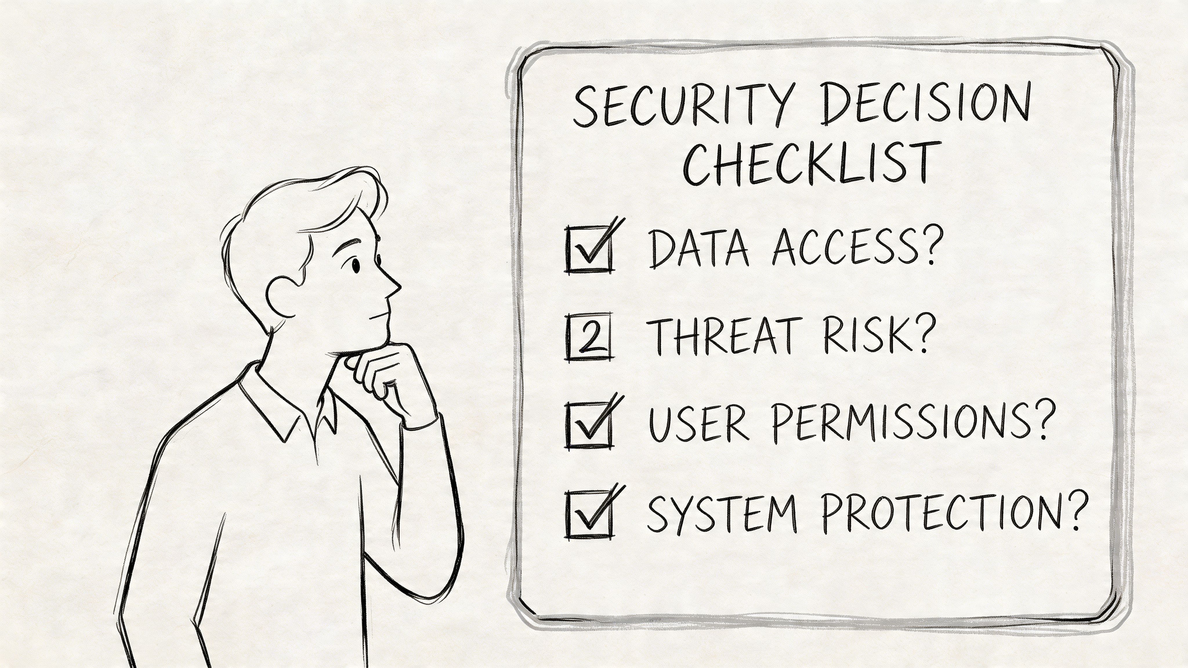 A man in a pensive pose looking at a security decision checklist for data and system protection.