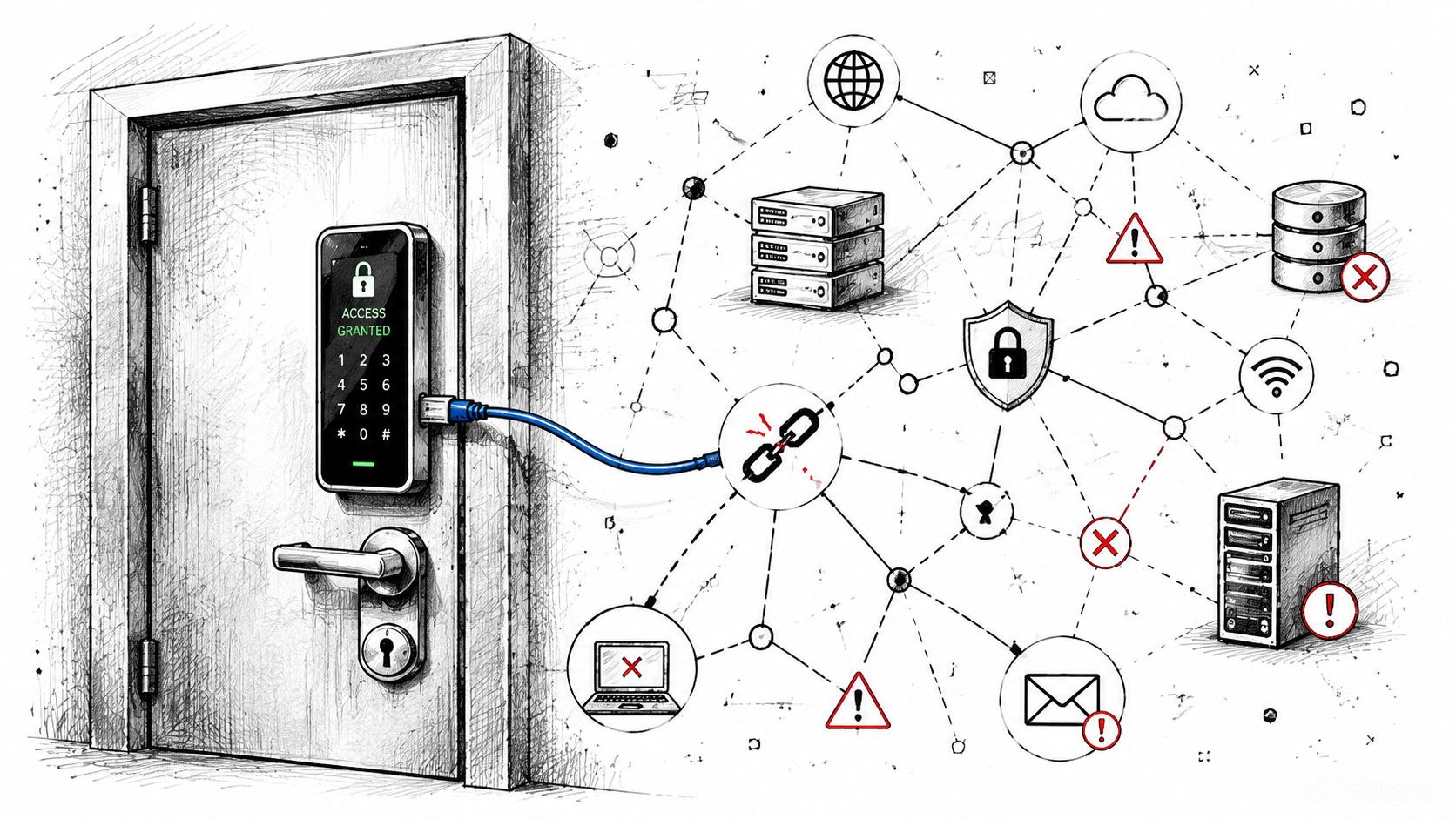A digital smart door access system connected to a complex network infrastructure showing various security system warnings.