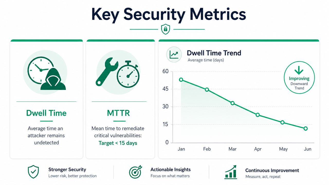 An infographic visualizing key security metrics, including Dwell Time and MTTR with a downward trend chart.