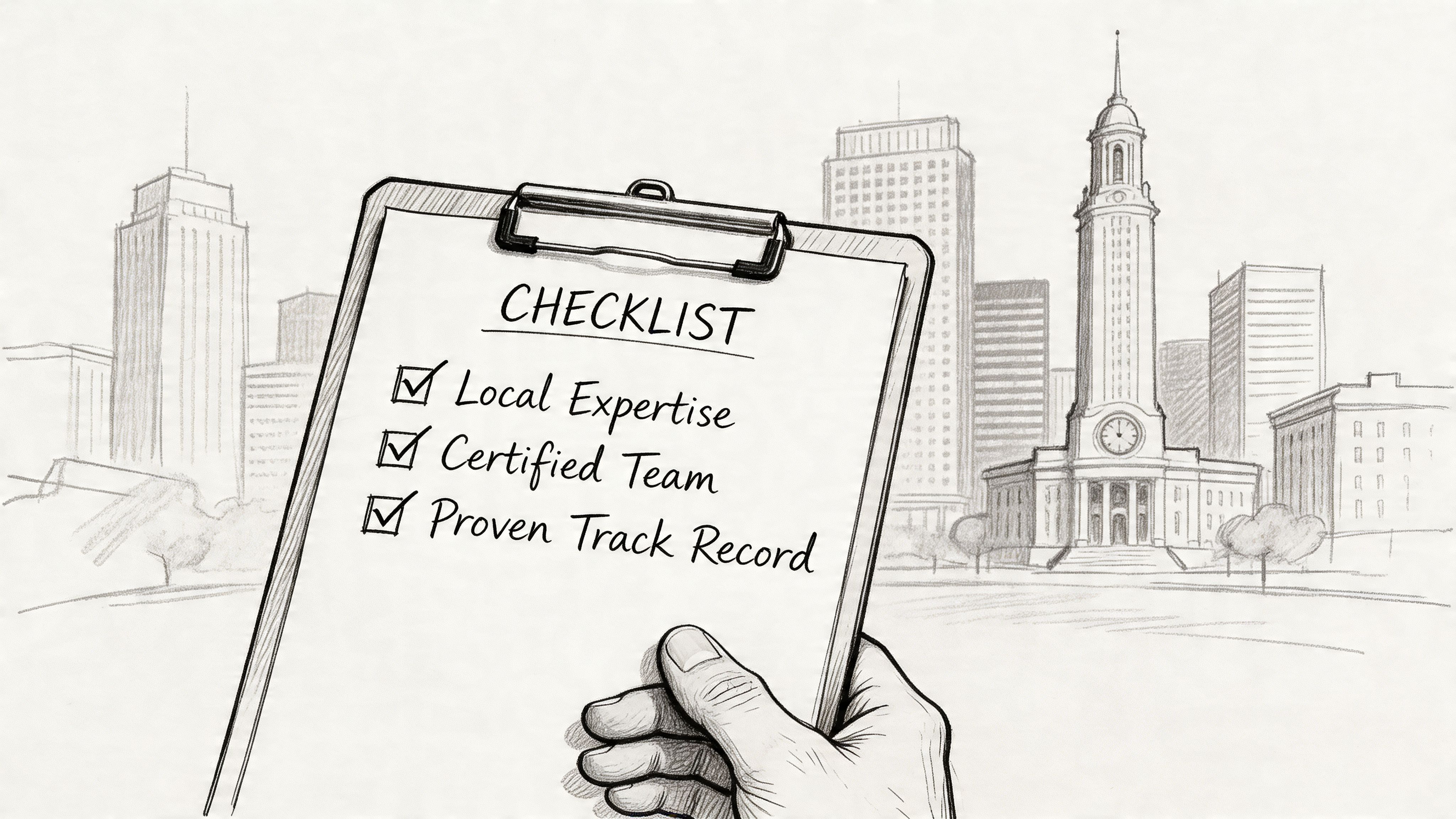A hand holding a checklist titled Checklist with checkboxes marked for Local Expertise, Certified Team, and Proven Track Record.