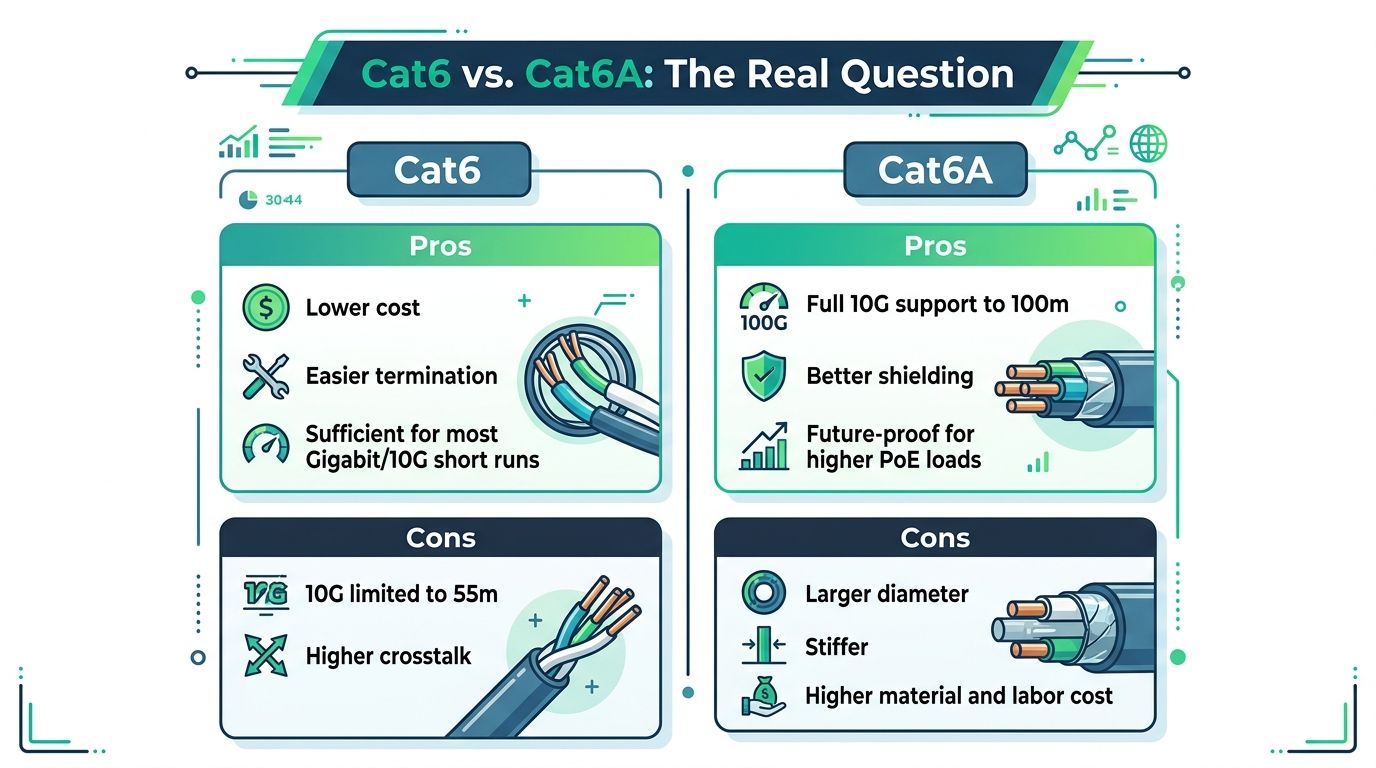 A comparison infographic detailing the pros and cons of Cat6 versus Cat6A Ethernet network cabling technologies.