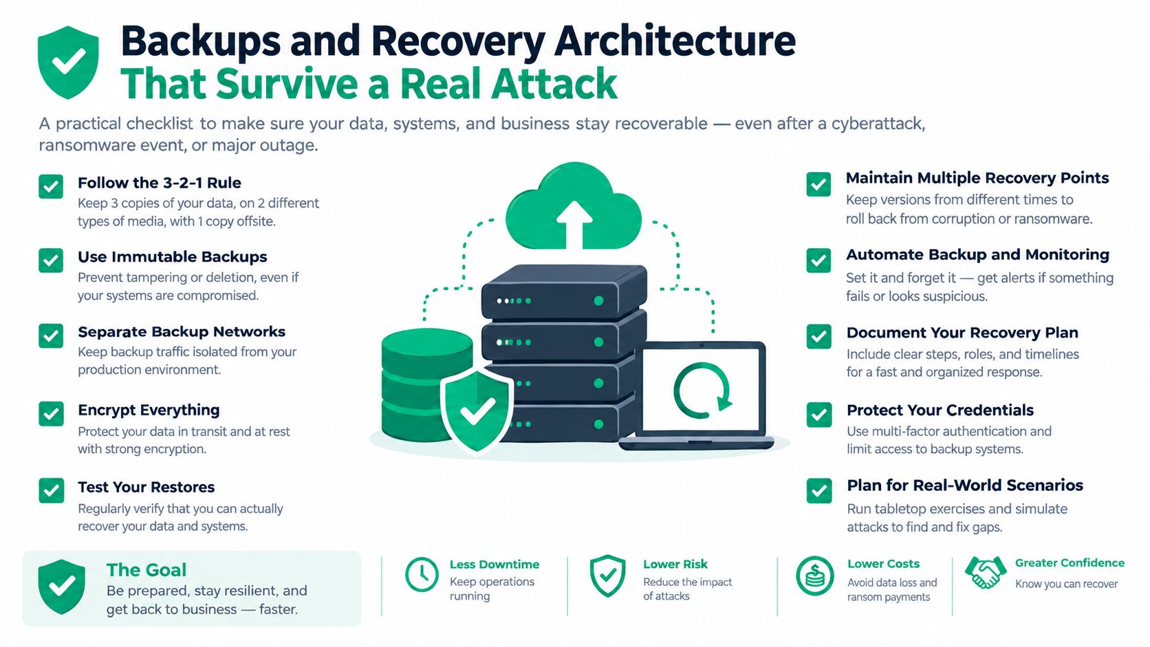 A comprehensive infographic checklist for designing a secure backup and recovery architecture to survive ransomware attacks.