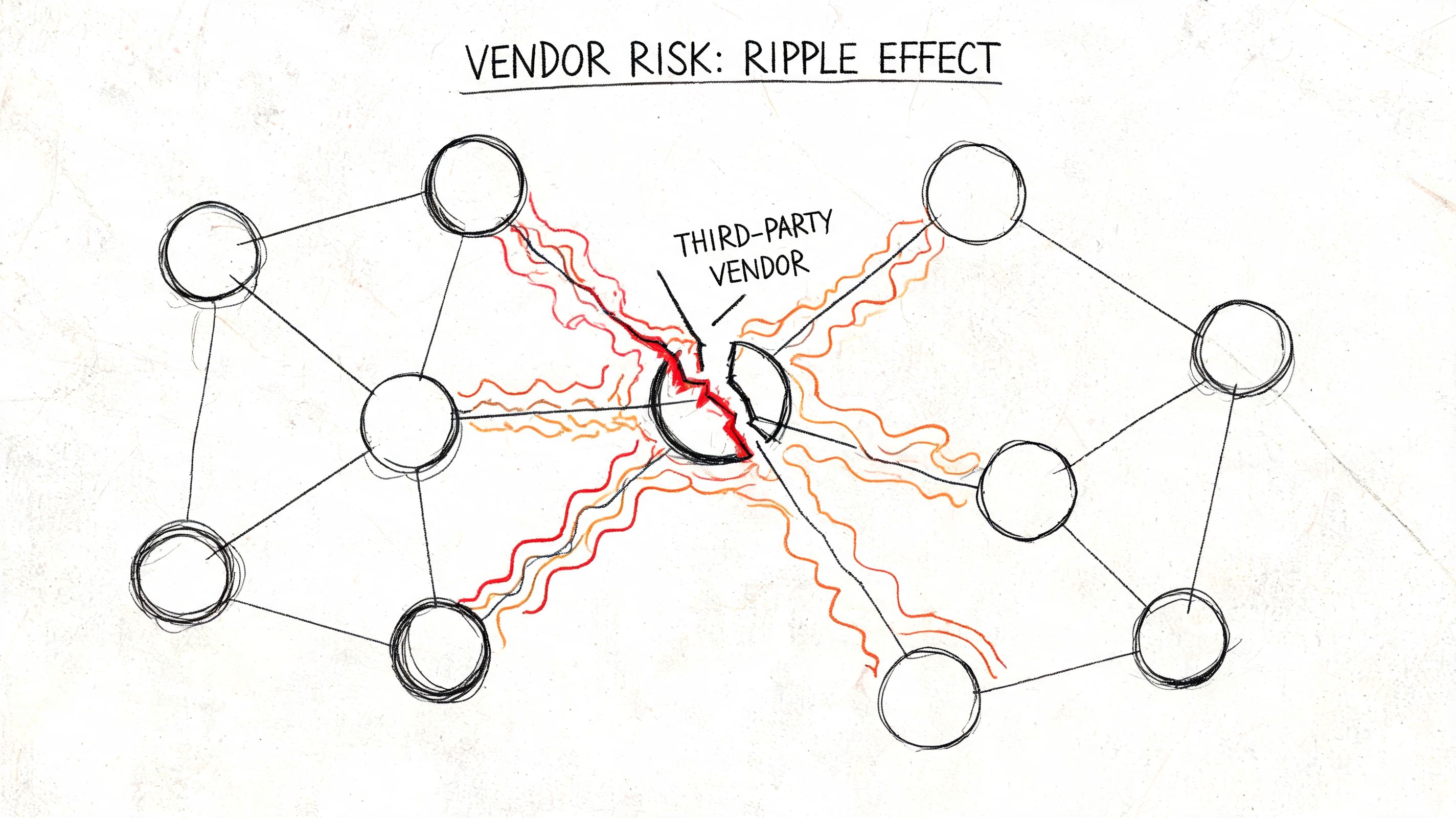 A diagram illustrating how a third-party vendor failure causes a ripple effect across a connected business network.