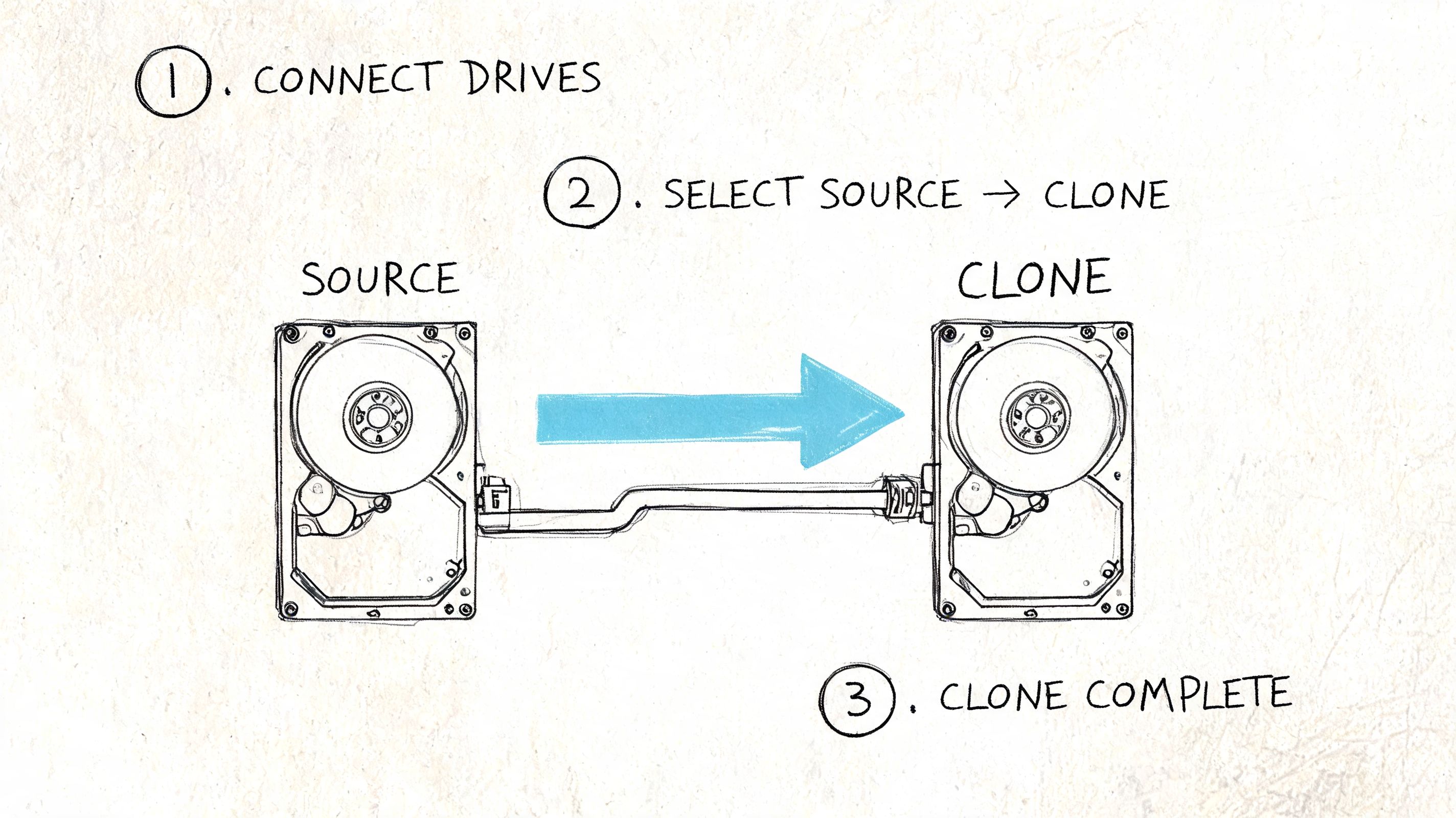 A hand-drawn illustration showing the three-step process of cloning data from a source hard drive to a clone drive.
