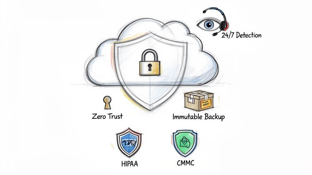 A drawing illustrating cloud security features including Zero Trust, Immutable Backup, 24/7 Detection, HIPAA, and CMMC.