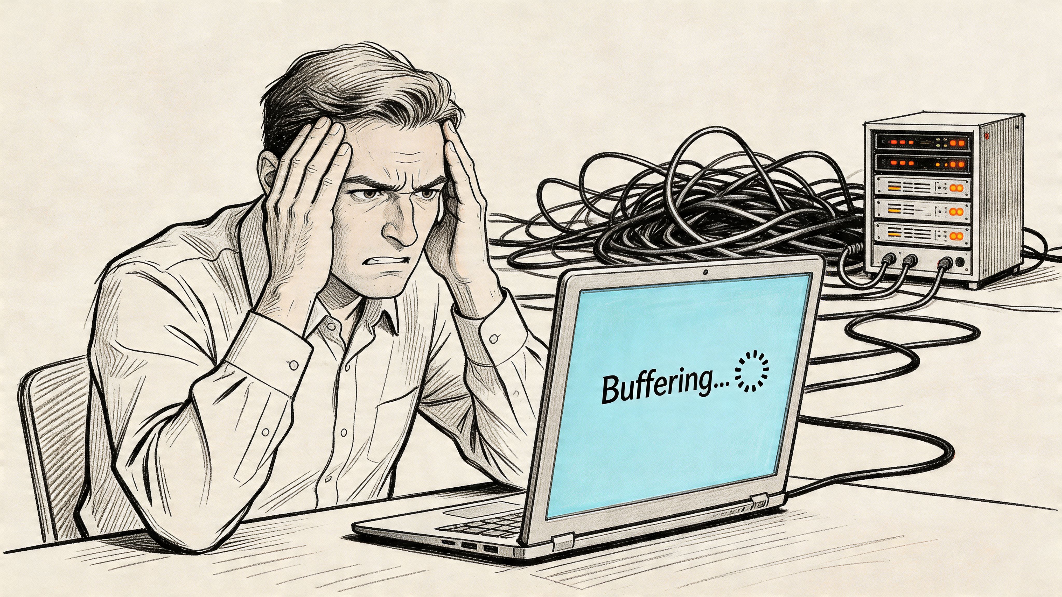 A frustrated man looking at a laptop screen showing a buffering icon with tangled server cables nearby.