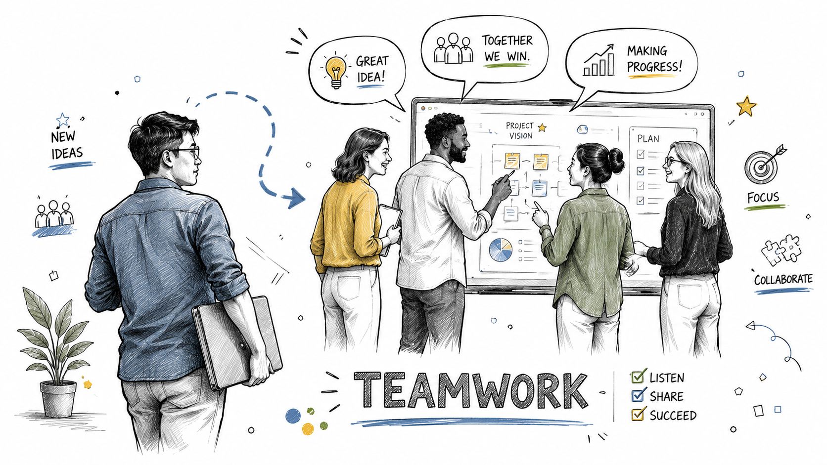 A collaborative team brainstorming and planning project goals on a large digital screen in an office.