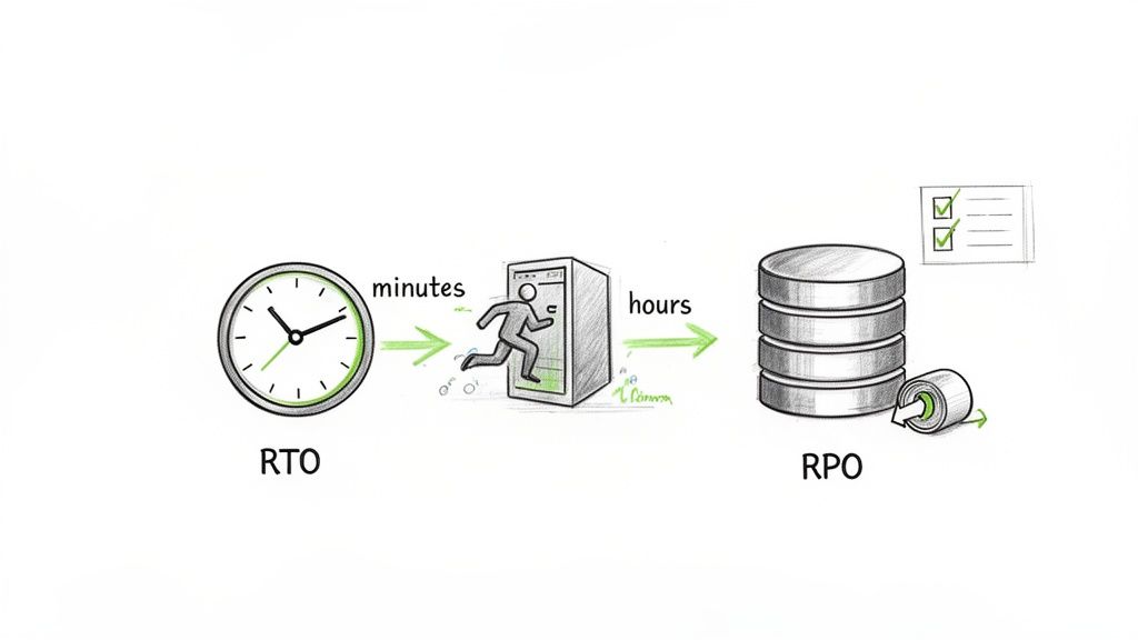 Diagram illustrating Recovery Time Objective (RTO) in minutes and Recovery Point Objective (RPO) in hours.