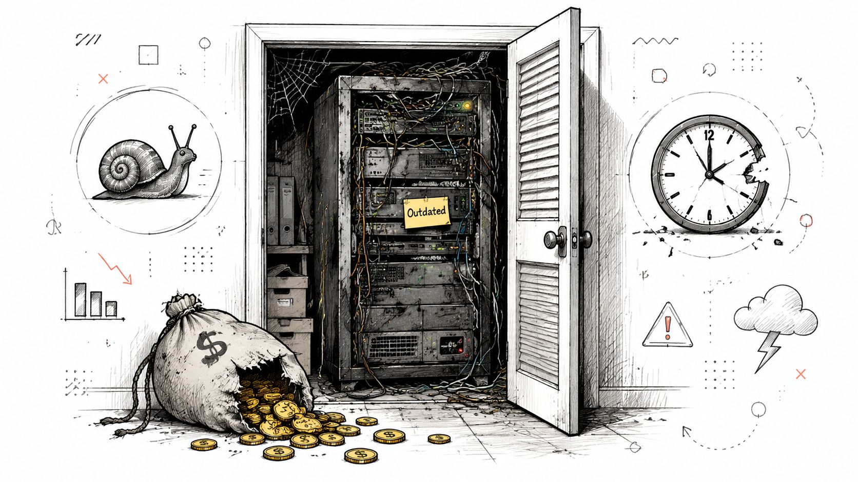 A pencil sketch illustration of an old, outdated server rack, money bag, slow snail, and clock.