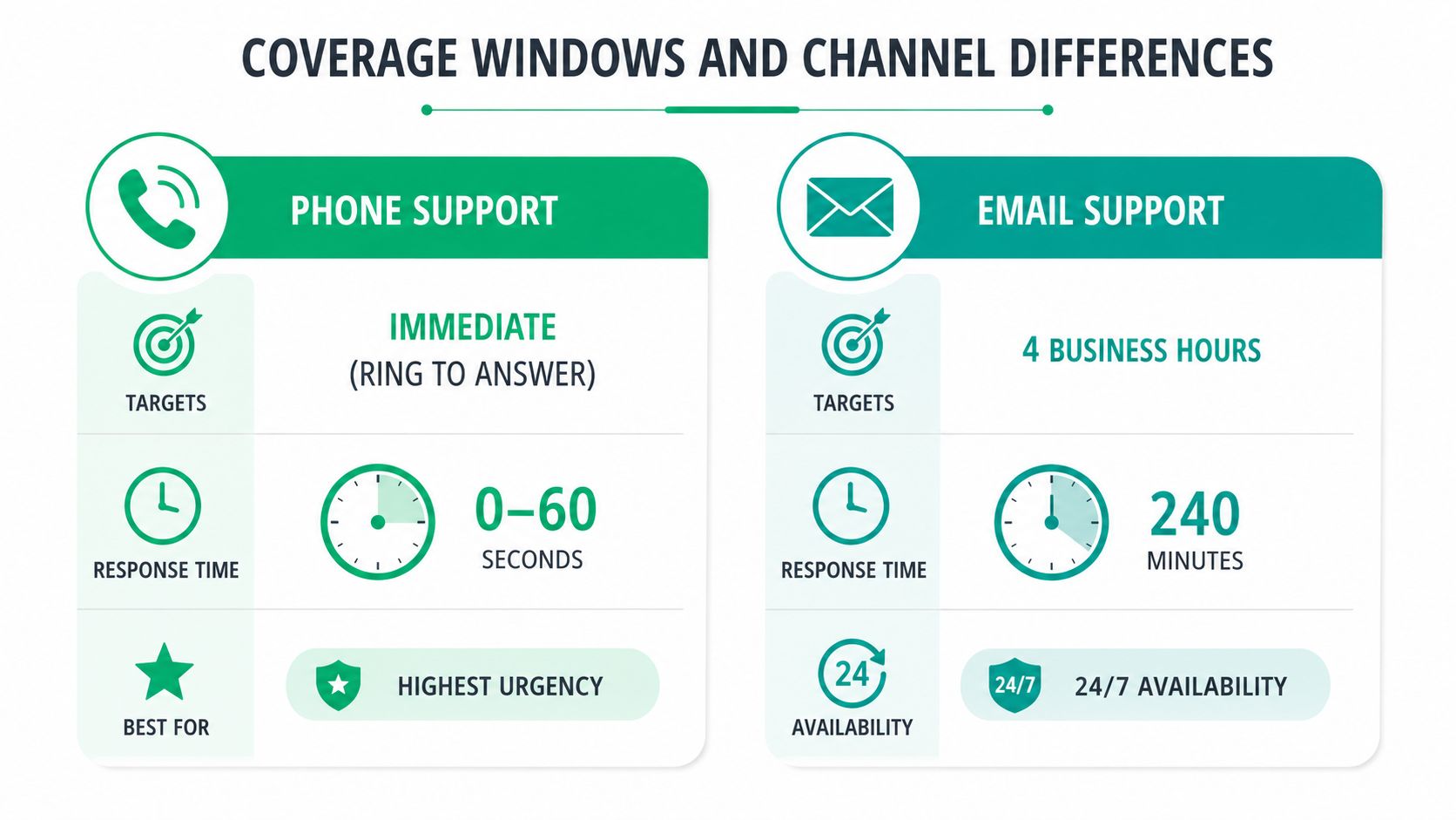 A comparison chart showing service level agreement targets, response times, and availability for phone and email support.