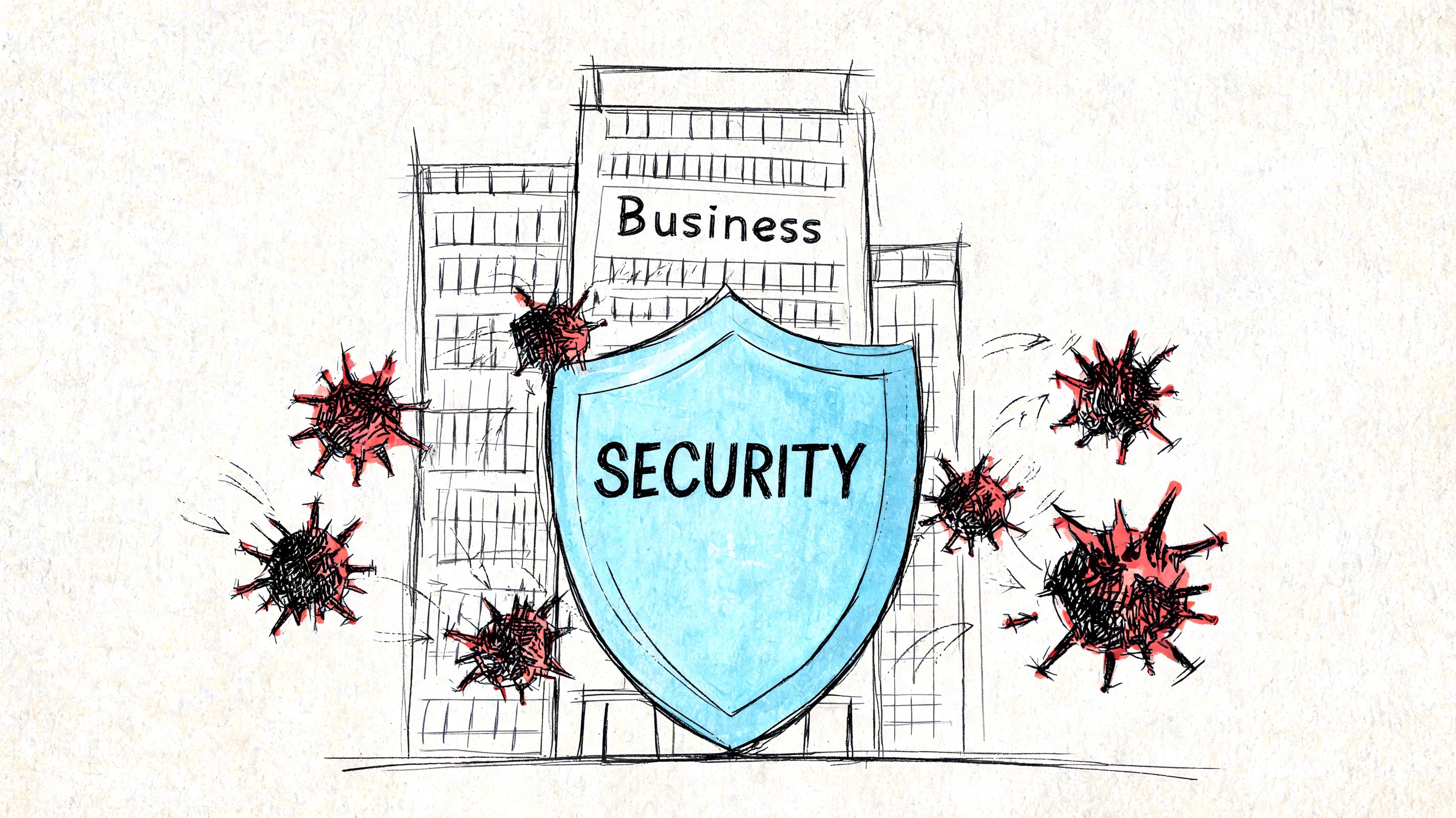 A digital illustration showing a shield protecting a business building from various attacking red virus icons.