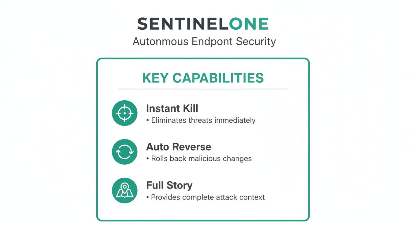 SentinelOne's key capabilities: Instant Kill, Auto Reverse, and Full Story for autonomous endpoint security.