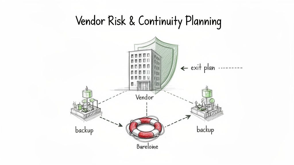 Diagram illustrating vendor risk and continuity planning with vendor, backup systems, and exit strategy.