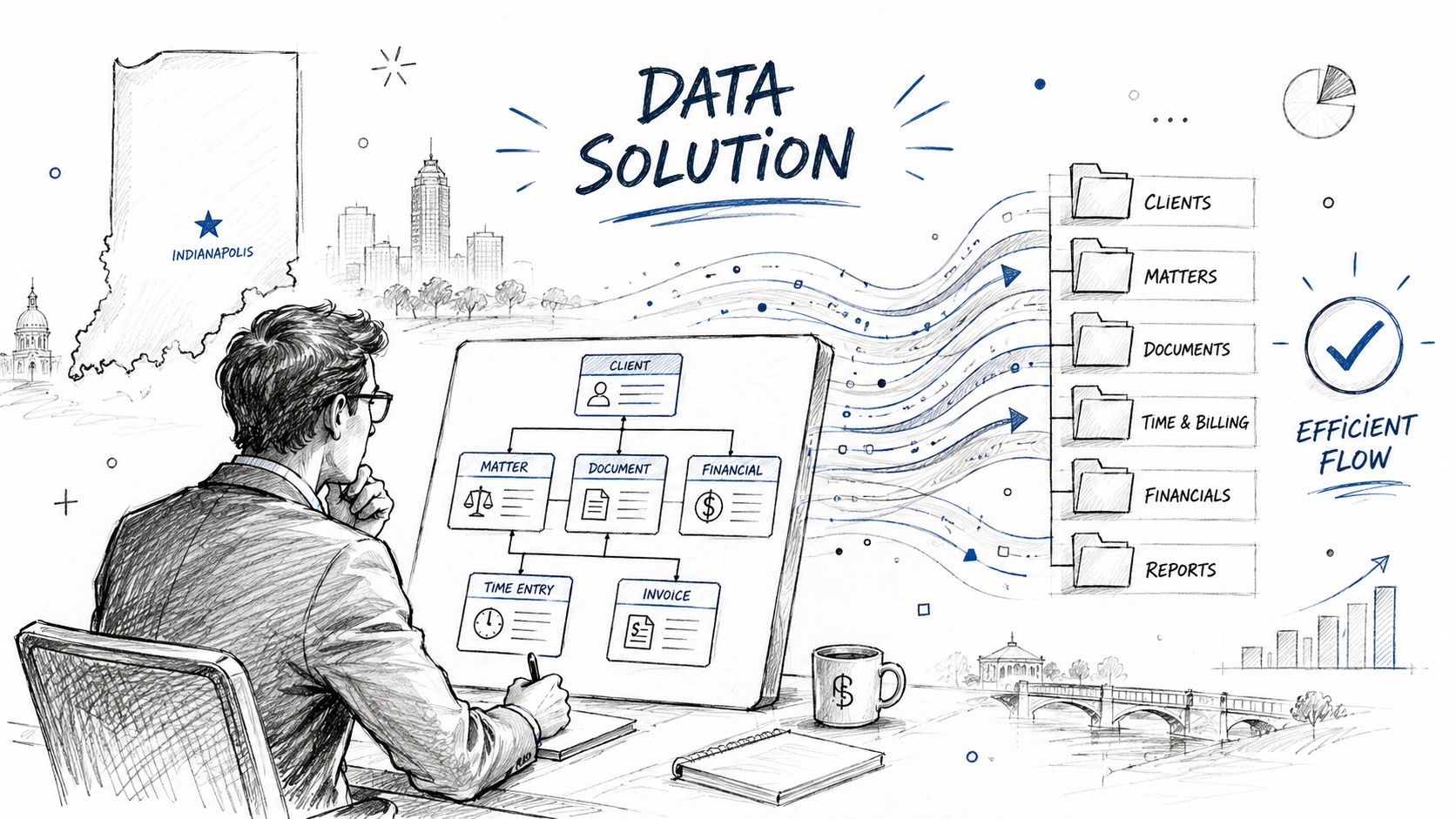 A professional analyzing a data solution diagram on a screen with organized folders and efficient workflow.