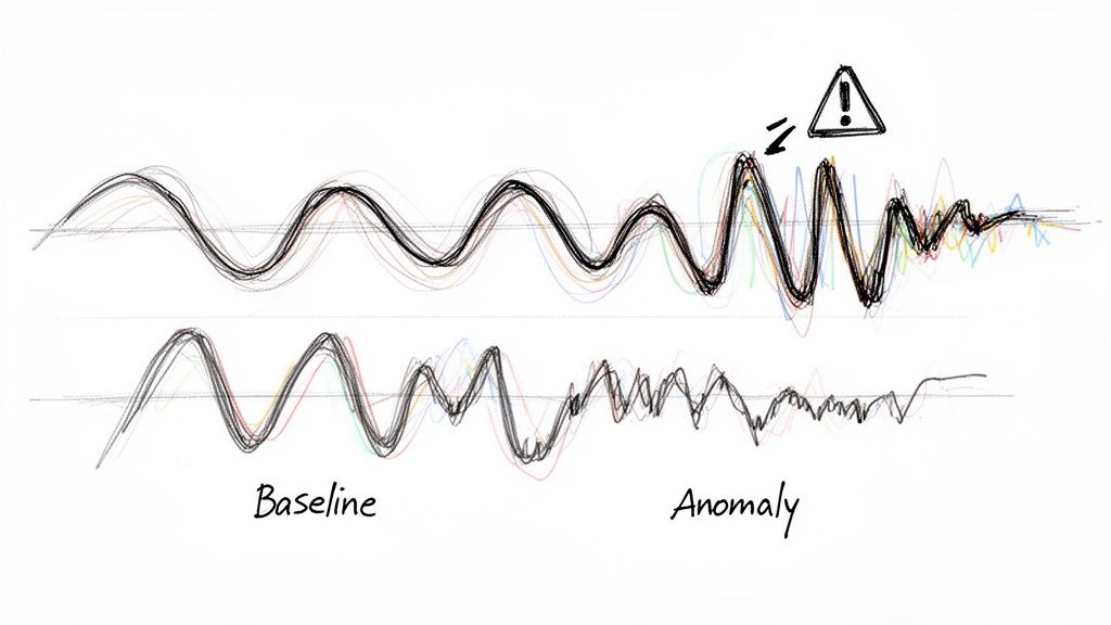 A hand-drawn sketch comparing baseline network signal patterns with an identified anomaly depicted by a warning icon.
