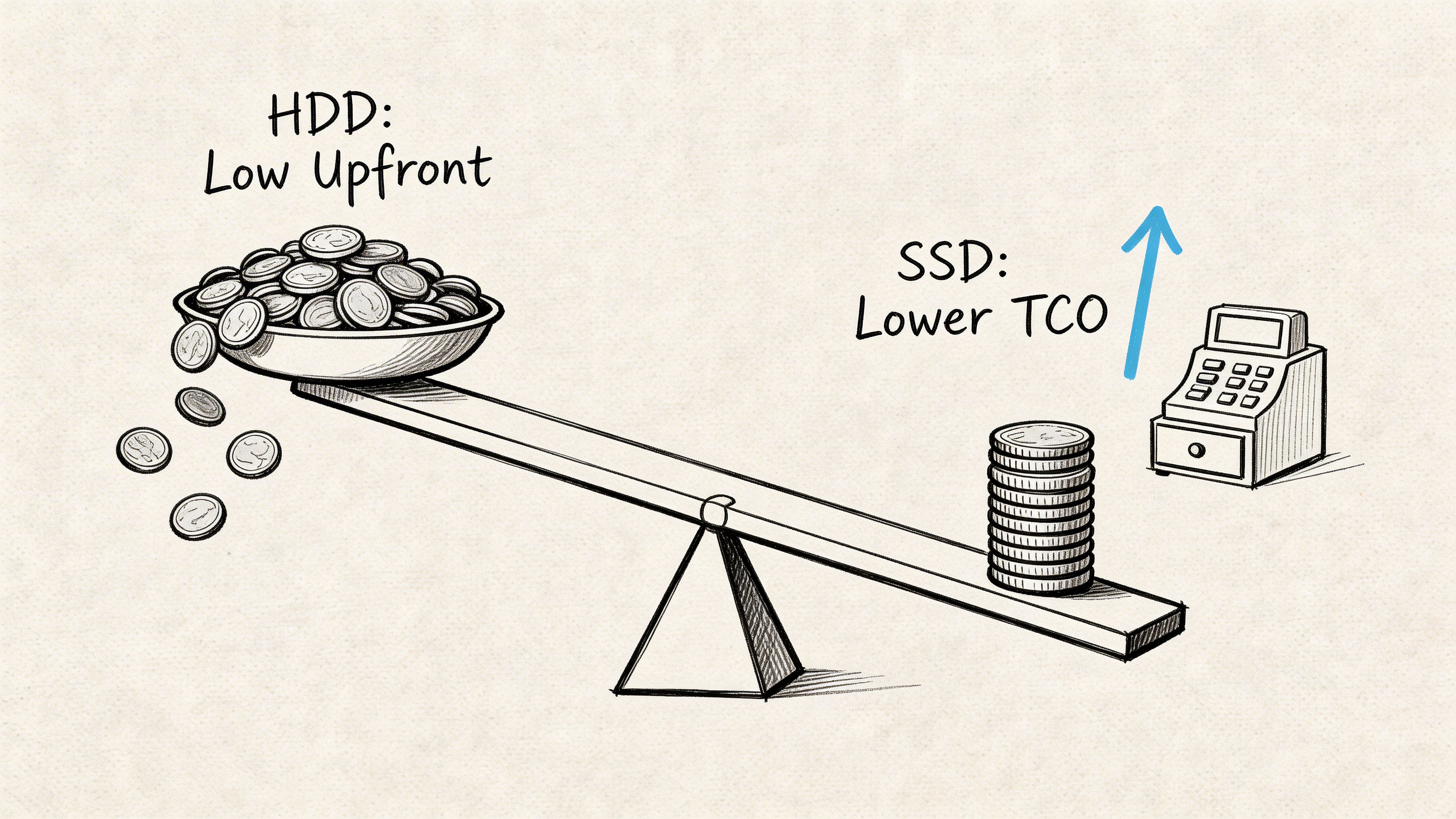 A conceptual illustration comparing hard drive upfront costs versus solid state drive lower total cost of ownership.