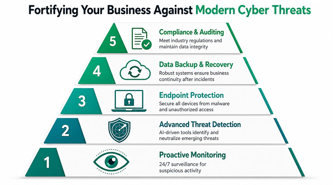 A five-level pyramid infographic illustrating the essential strategies for fortifying a business against modern cyber threats.