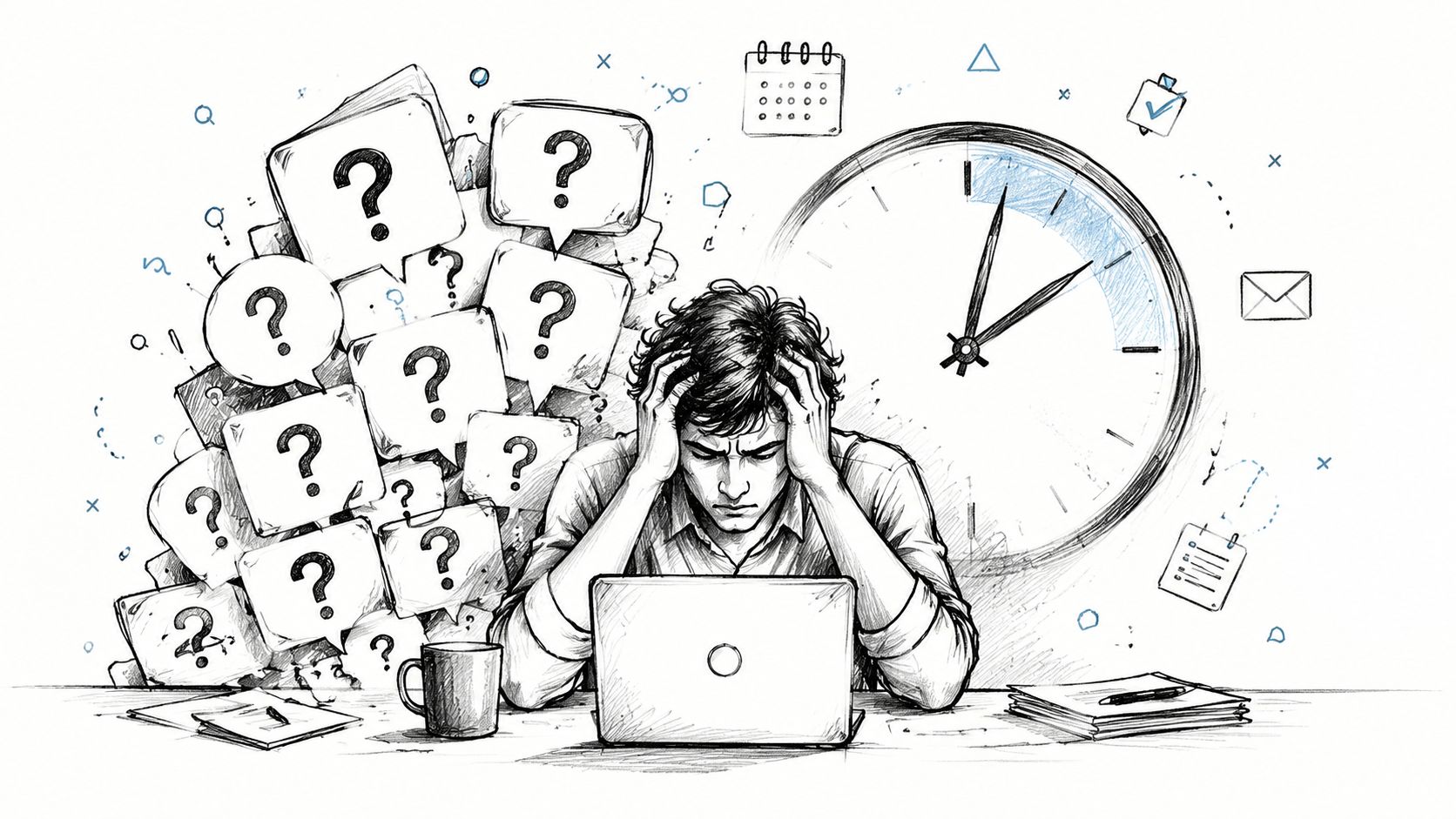 A stressed man sitting at a desk with a laptop surrounded by floating question mark speech bubbles.