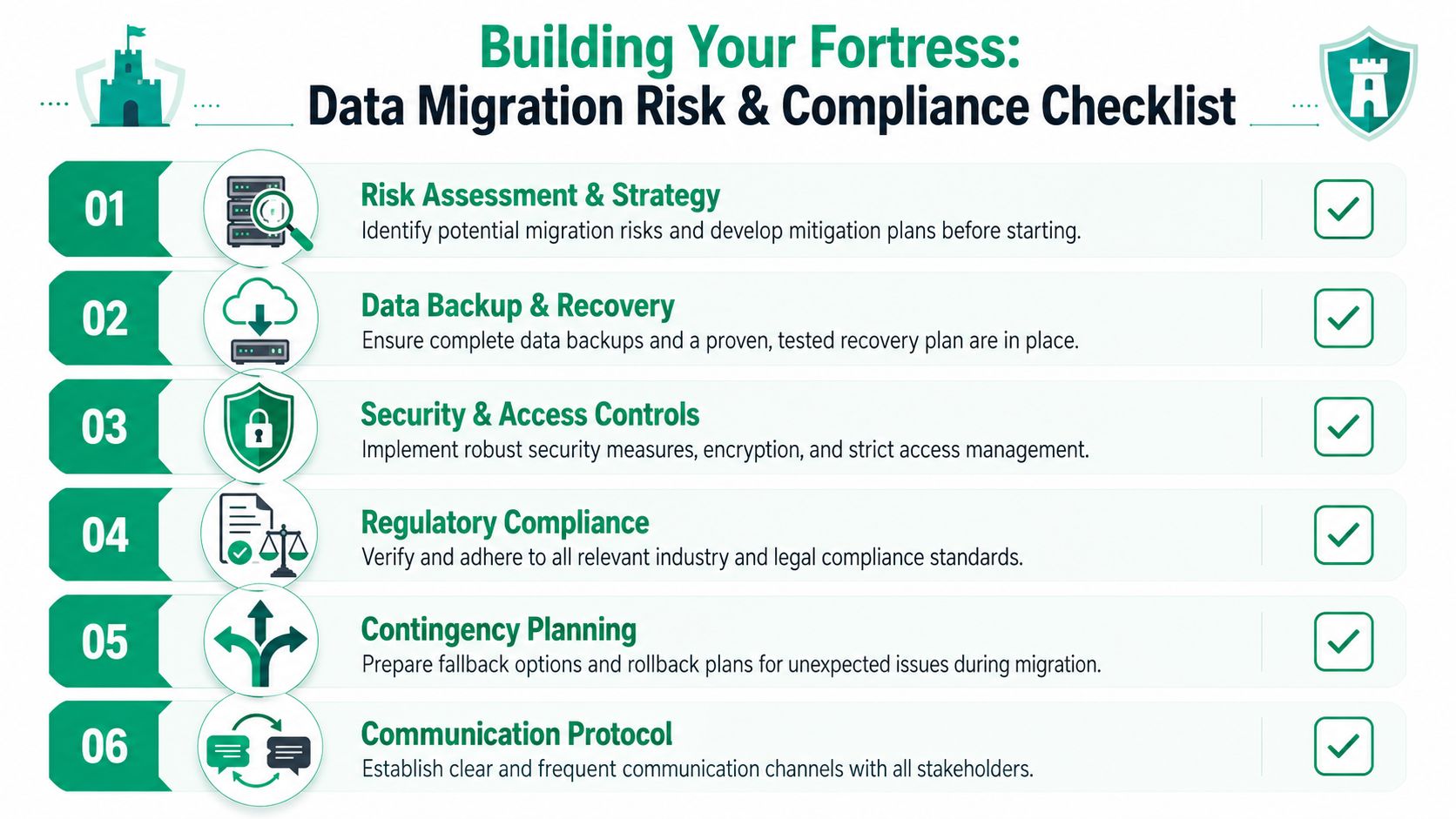 A checklist infographic titled Building Your Fortress listing six essential steps for safe data migration and compliance.