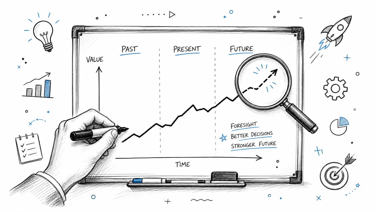 A hand drawing a growth graph on a whiteboard representing past, present, and future value over time.