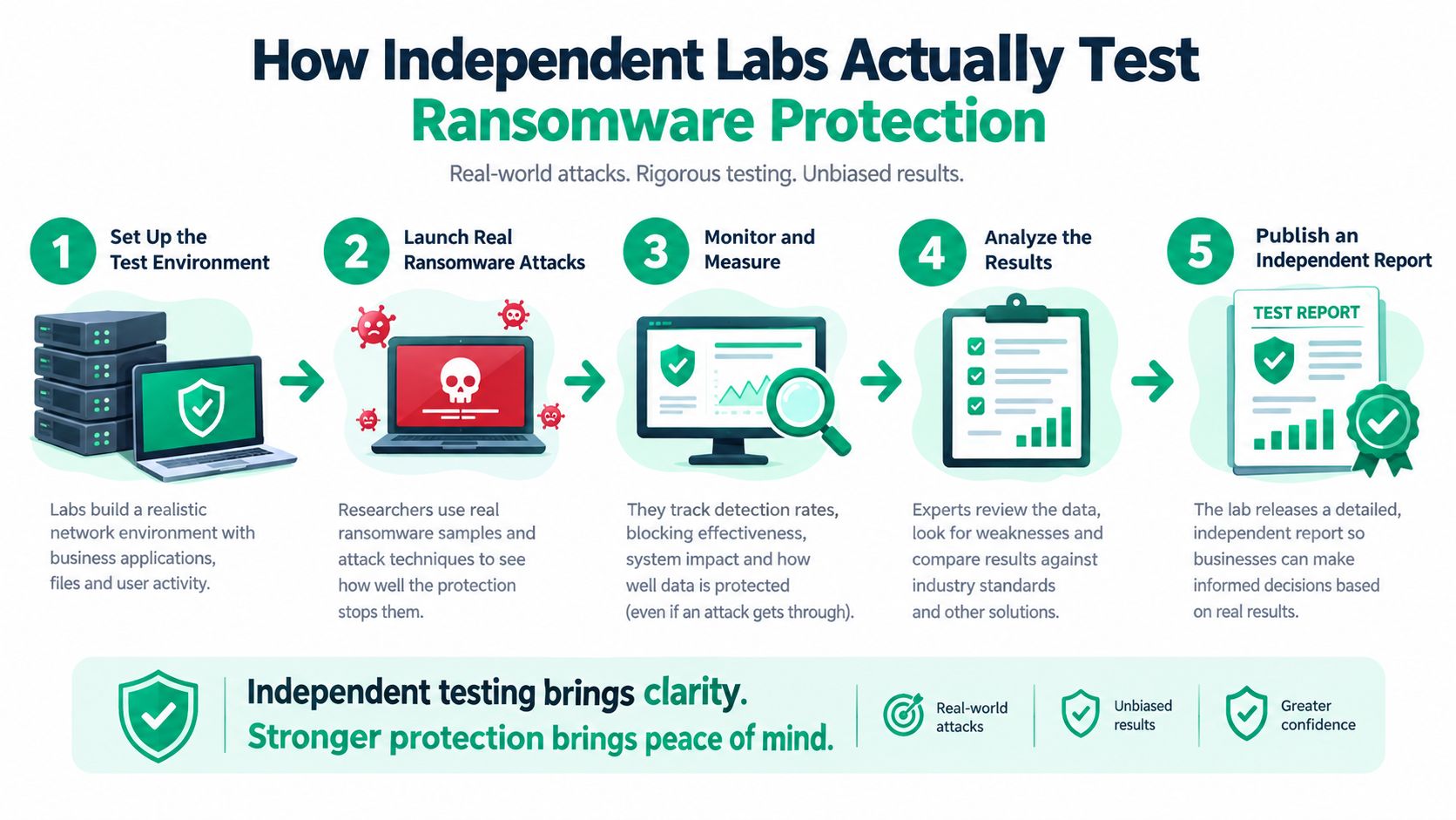 A five-step infographic showing how independent labs perform rigorous testing on various ransomware protection software solutions.