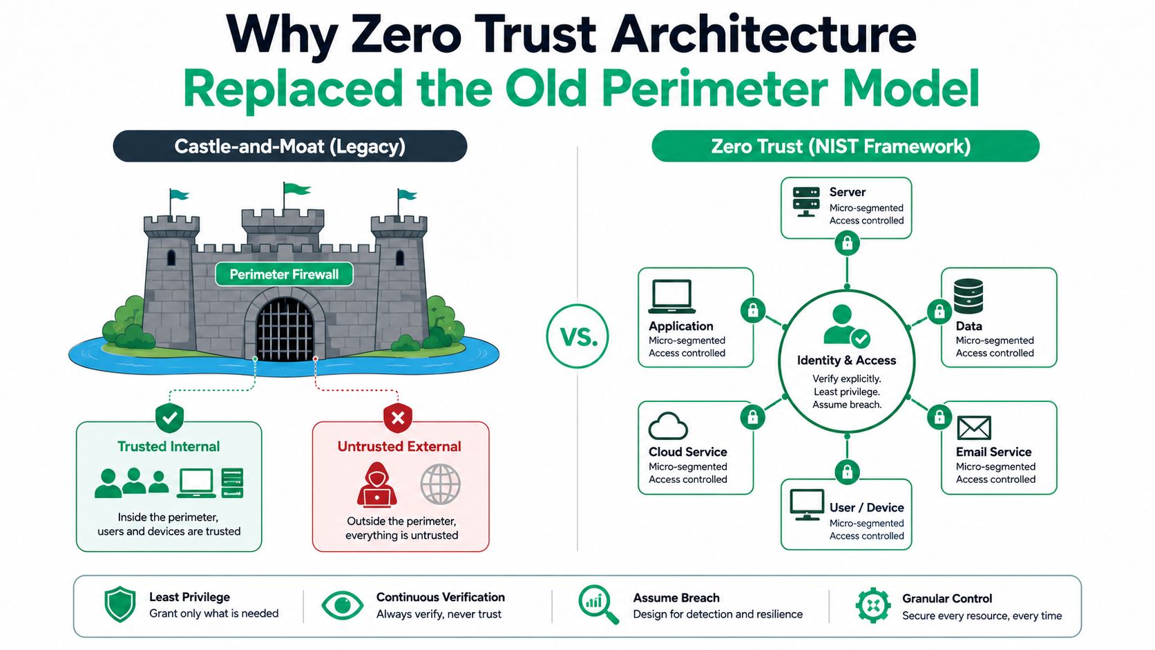 A diagram comparing the legacy castle-and-moat network security model with the modern NIST Zero Trust framework.