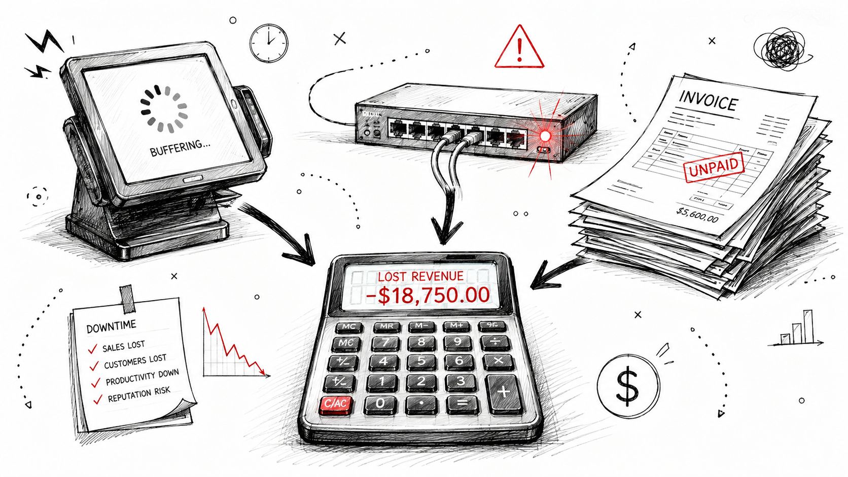 A conceptual illustration showing network downtime causing lost revenue, unpaid invoices, and decreased business productivity.