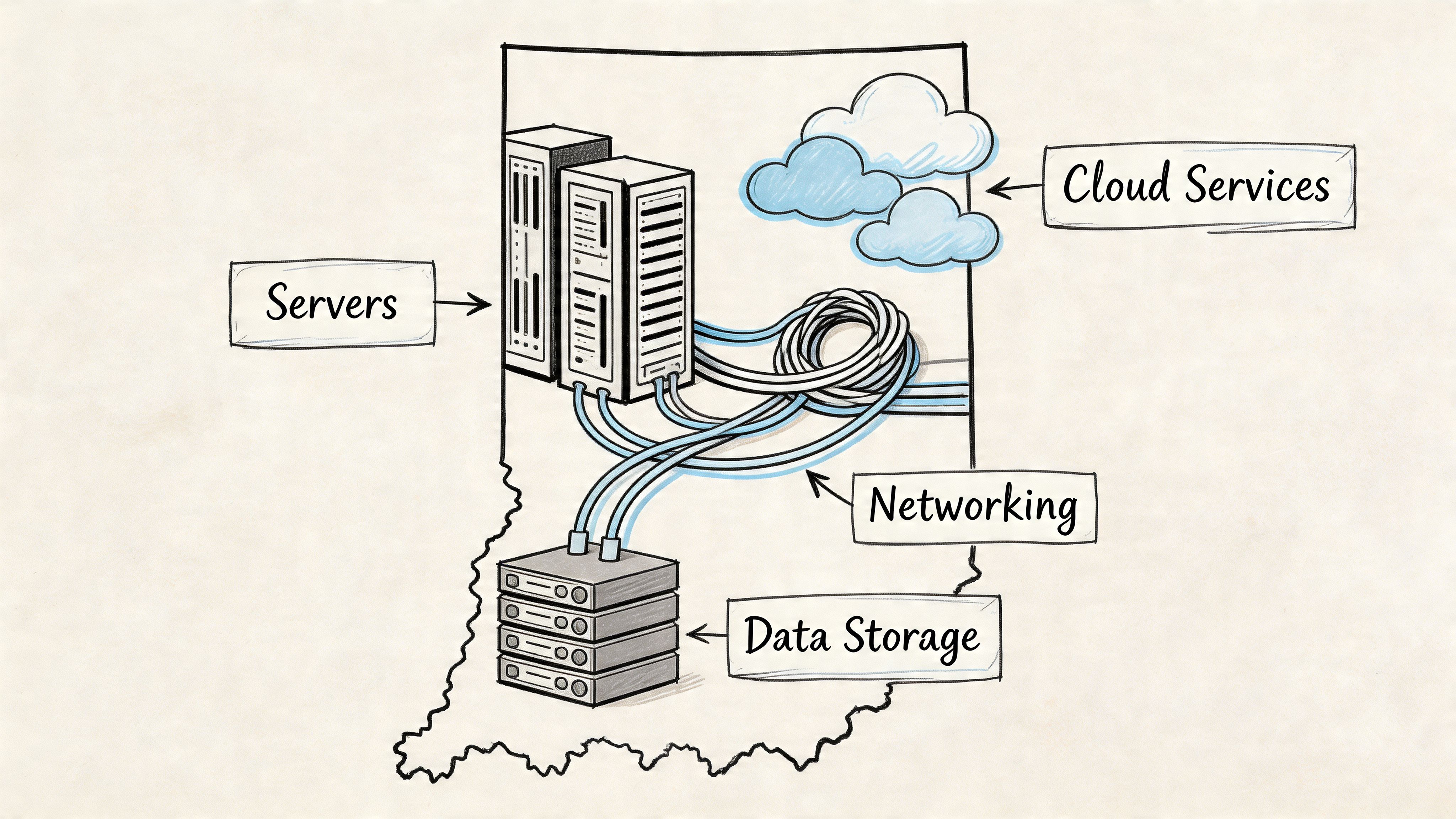 A hand-drawn illustration depicting IT infrastructure components like servers, data storage, networking, and cloud services inside Indiana.