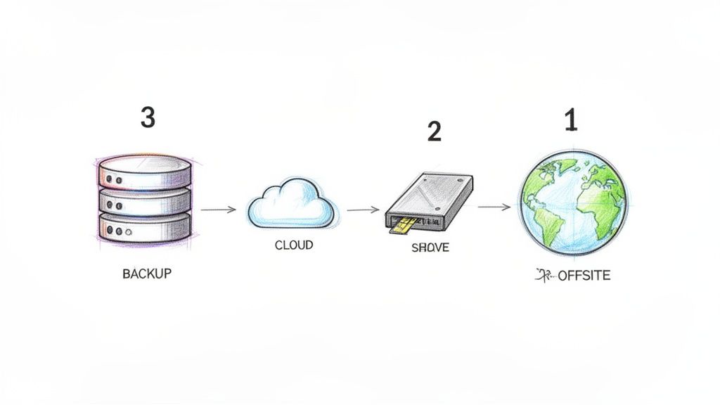 A diagram illustrating a data backup strategy from local backup to cloud storage, physical storage, and offsite location.
