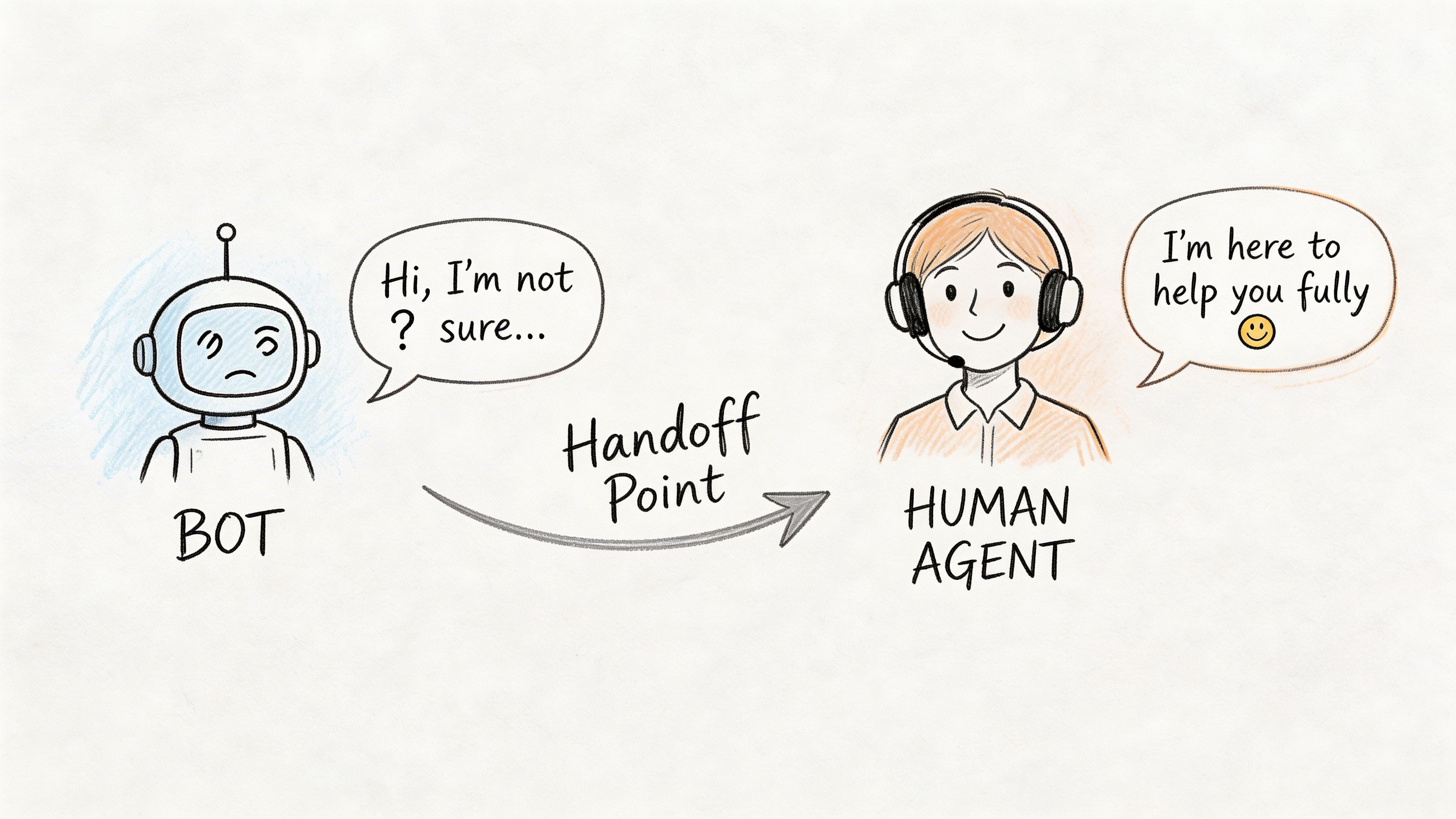 A hand-drawn illustration showing a chatbot handing over a customer inquiry to a human support agent.