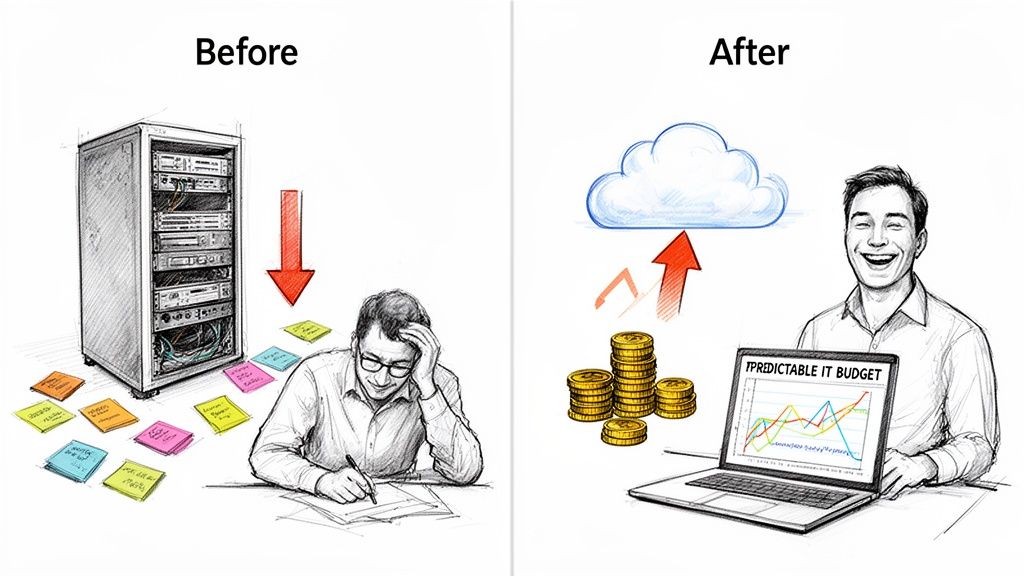Illustration of IT modernization: a stressed man with servers transforms to a happy man with a predictable cloud budget.
