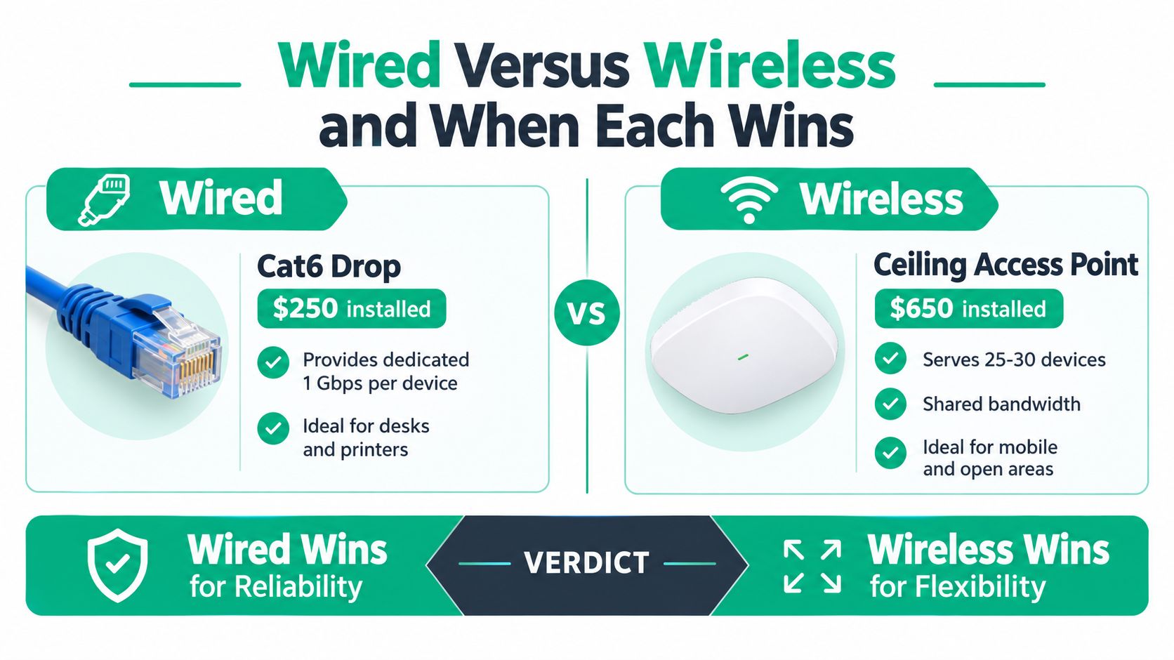 A comparison infographic between wired Cat6 network installations and wireless ceiling access points with pricing and usage scenarios.