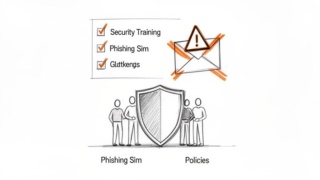 A checklist for security training and phishing simulations, with a crossed-out email and a shield protecting people.