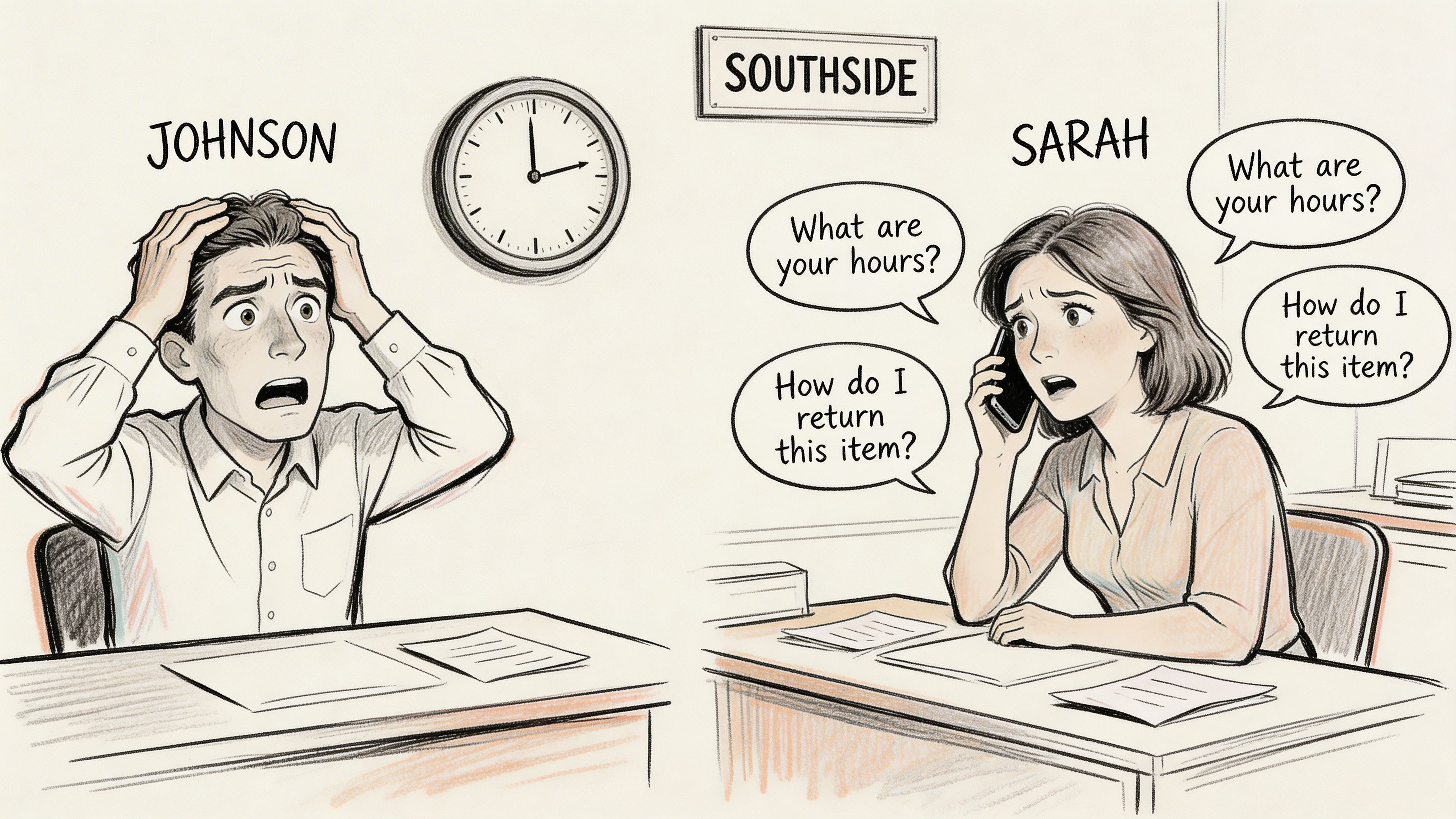 A split image showing a stressed employee contrasted with a worker overwhelmed by constant repetitive customer inquiries.