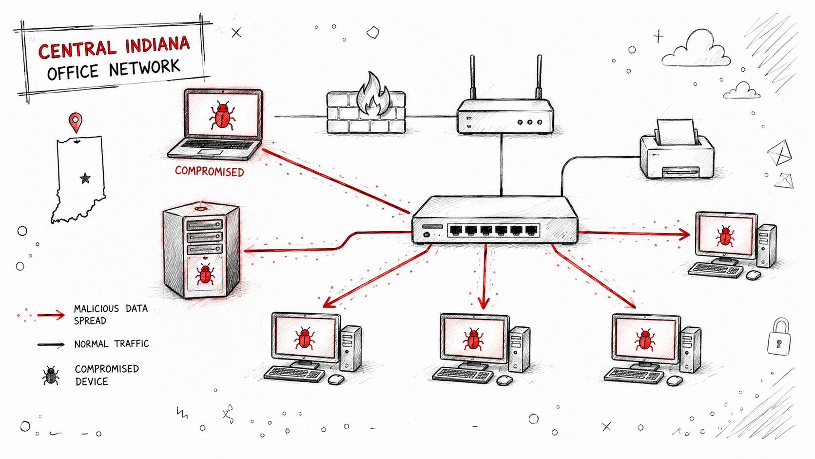 A hand-drawn sketch of a network showing compromised devices spreading malware throughout a central office office network.