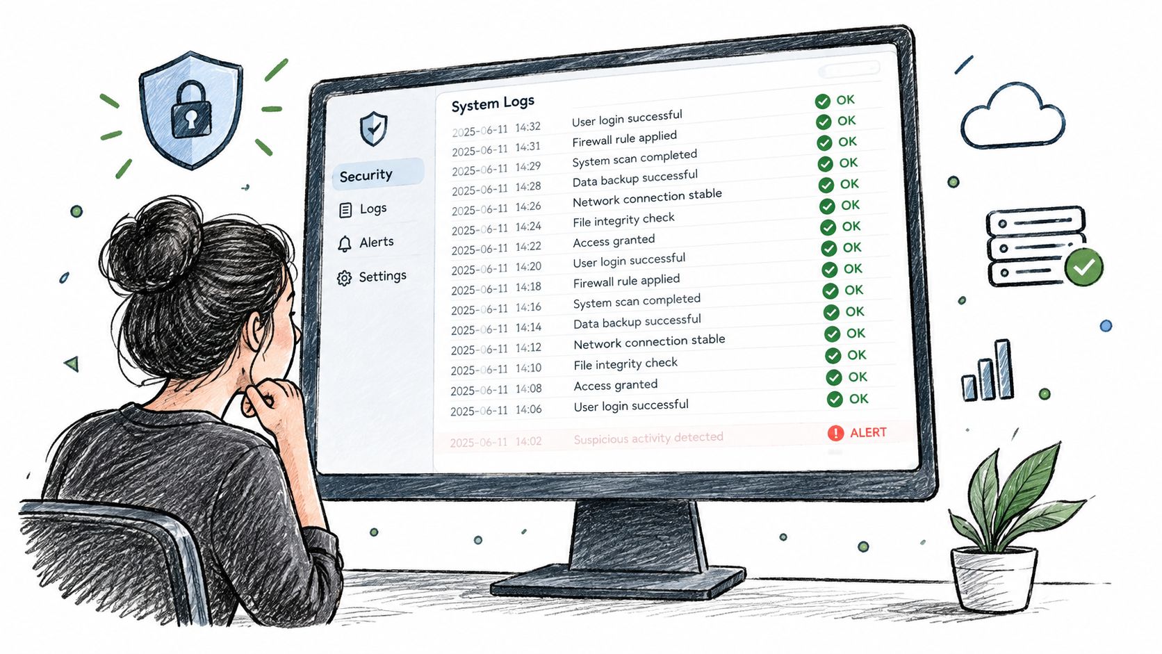 A person monitoring security system logs on a computer screen, identifying a suspicious activity alert.