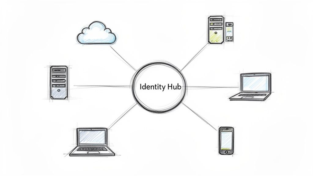 Diagram showing an Identity Hub connecting to various devices like cloud, servers, laptops, and smartphones.