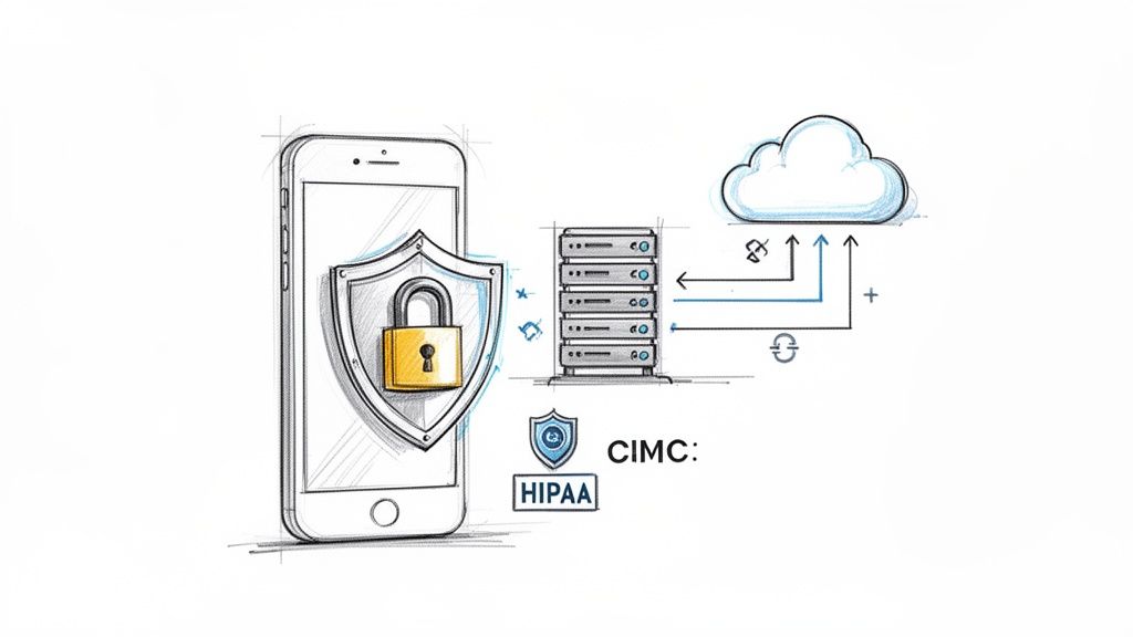 A sketch showing mobile app security, data storage, cloud services, and HIPAA compliance.