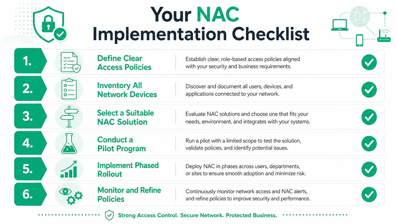 A six-step checklist infographic illustrating the process for implementing network access control in a business environment.