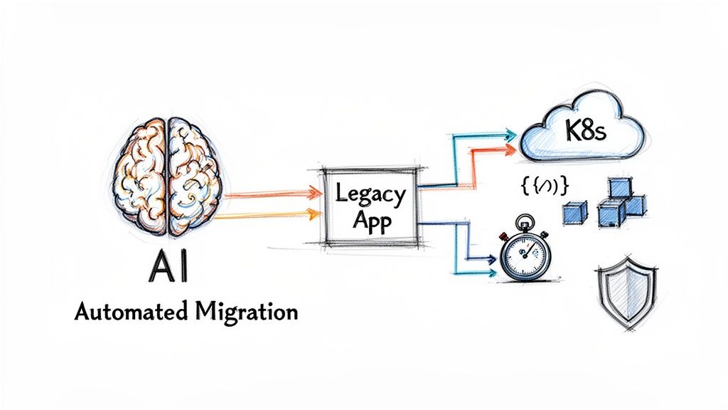 AI-powered automated migration of legacy applications to Kubernetes, highlighting speed and security.