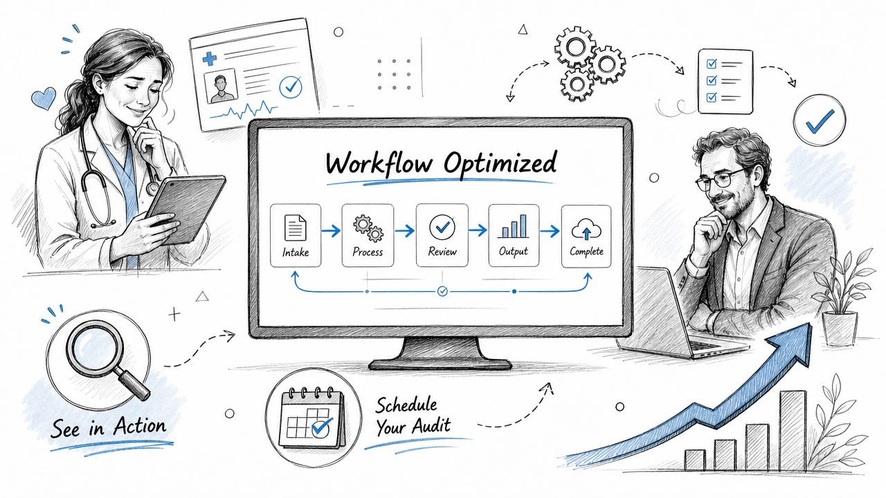 A hand-drawn illustration depicting a workflow optimization process with a doctor and a professional using digital tools.