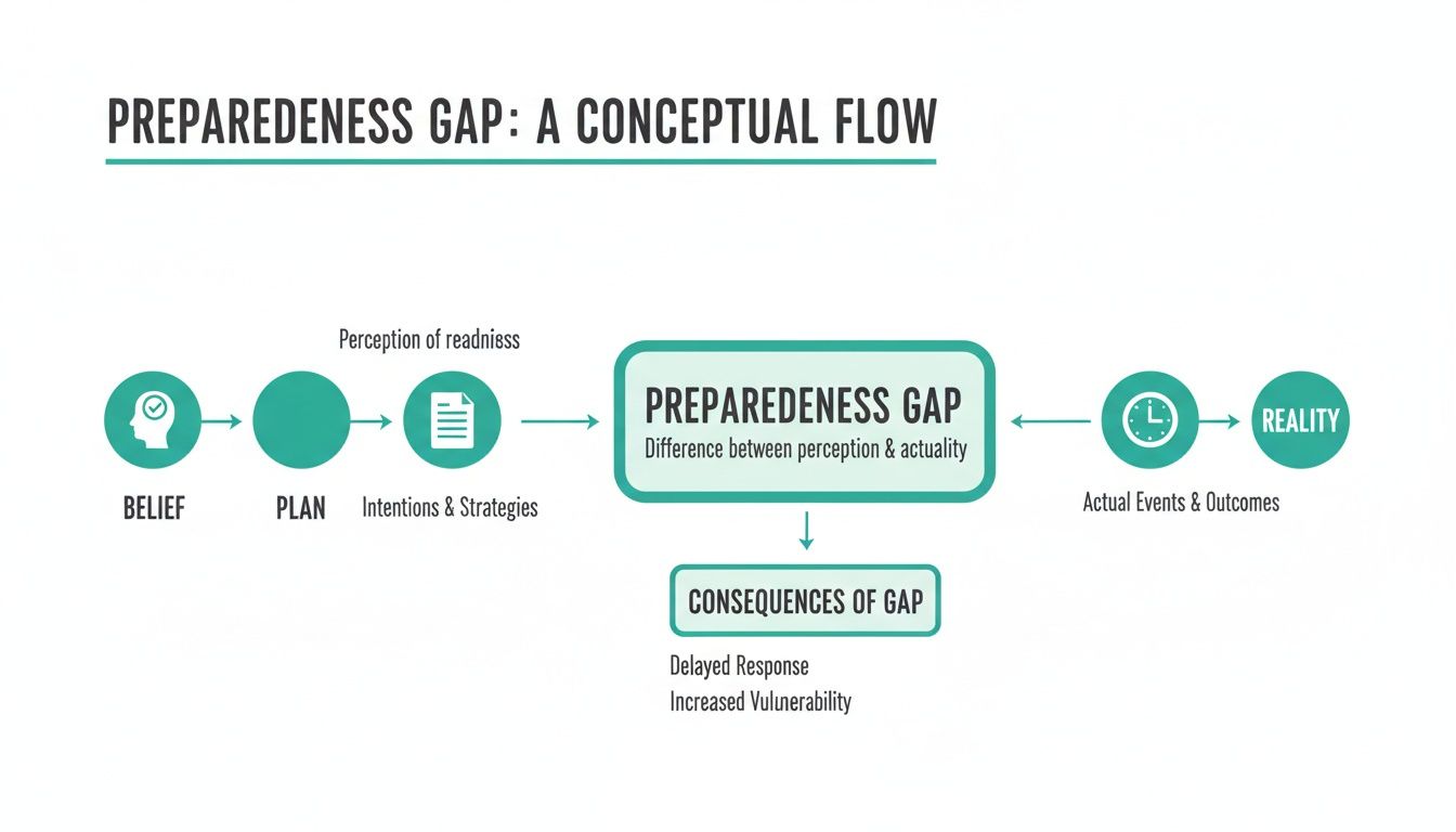 Conceptual flow diagram explaining the preparedness gap, its causes, and consequences in readiness.