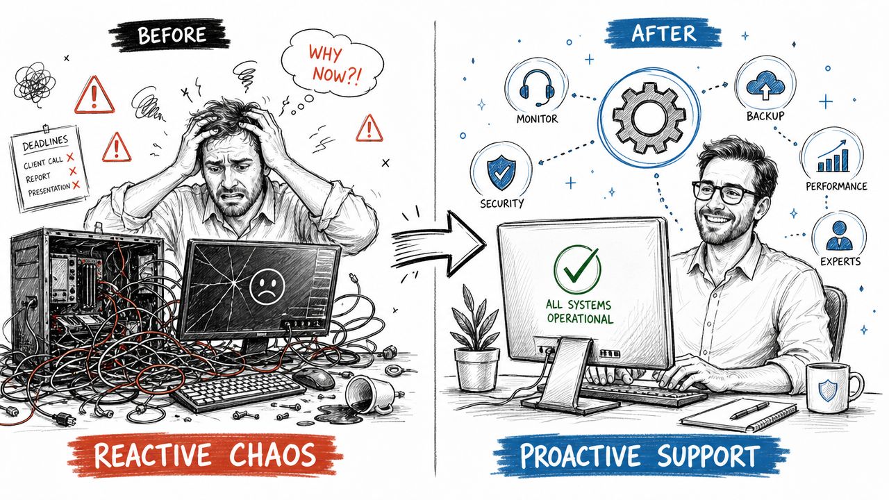 A comparison showing the difference between chaotic reactive IT issues and organized proactive professional support.