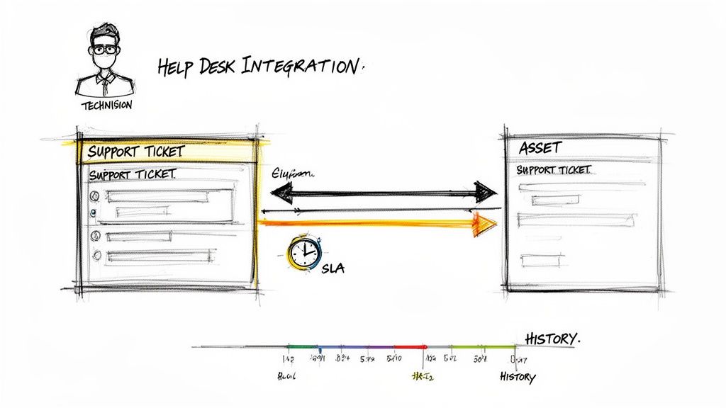 Sketch illustrating help desk integration between support tickets and assets, with SLA and history.