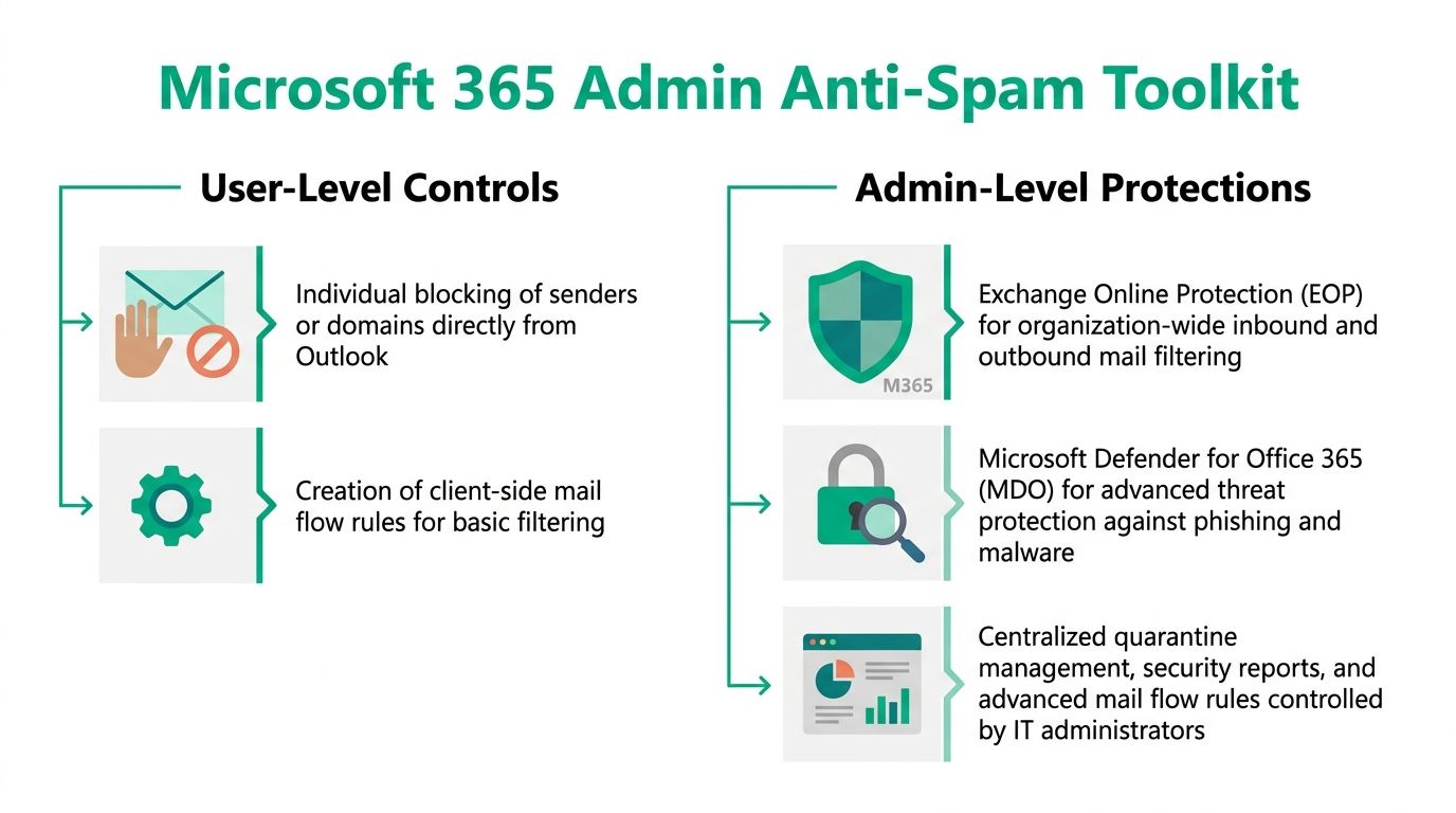 A diagram comparing user-level controls and admin-level protections within the Microsoft 365 anti-spam toolkit.