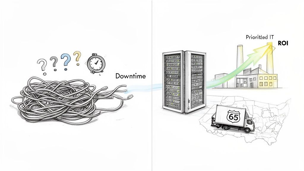 Illustration showing IT downtime with tangled cables and questions, transitioning to prioritized IT and ROI for a business.