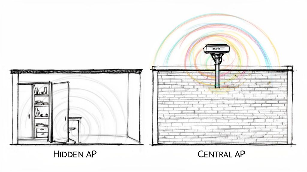 Diagram comparing hidden and central Wi-Fi access point placement, showing wider signal coverage from a centrally located AP.